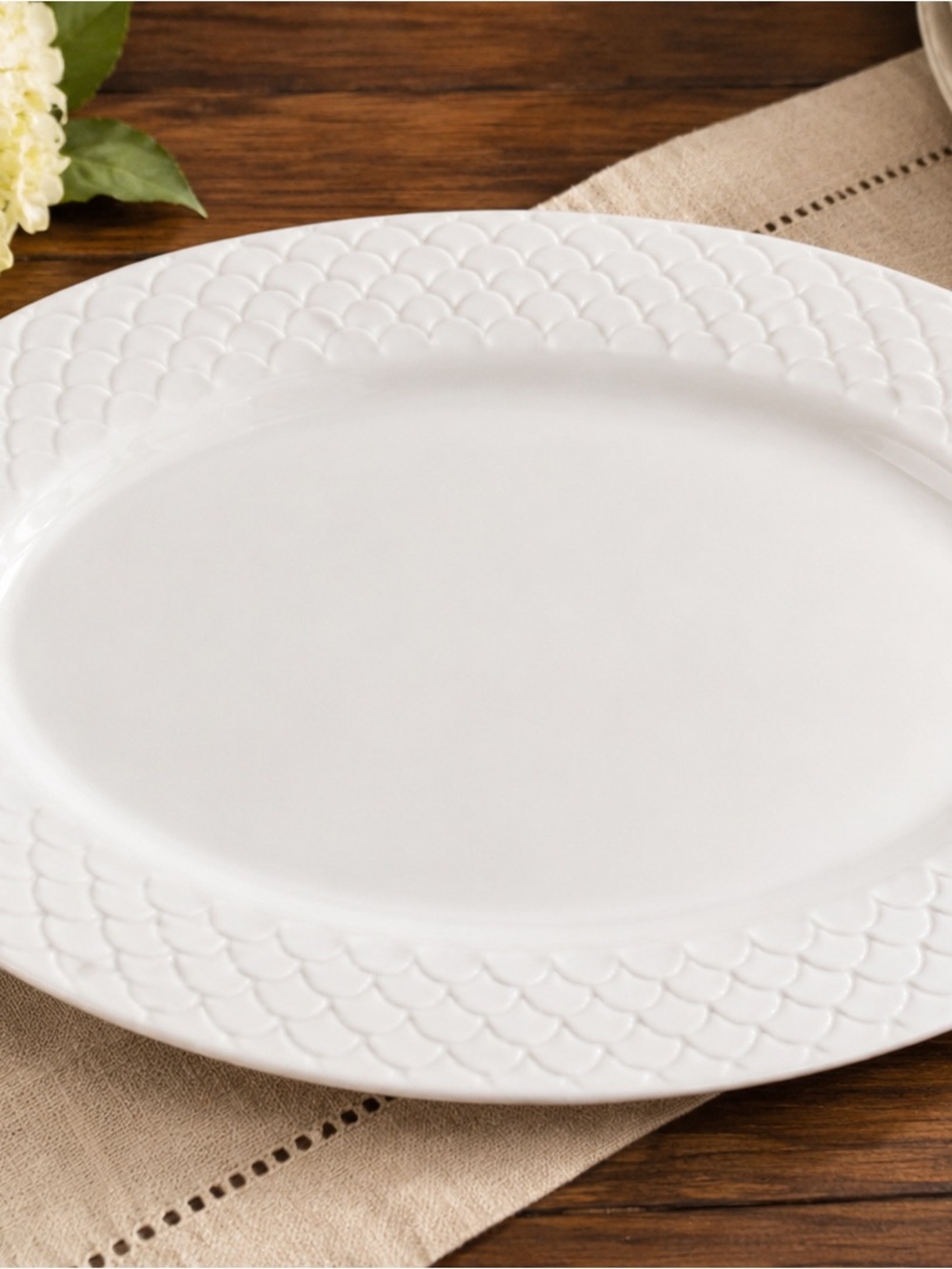 Aropal France Vintage Opal Glass 13.75” Platter with Scalloped (Fish Scale) Rim